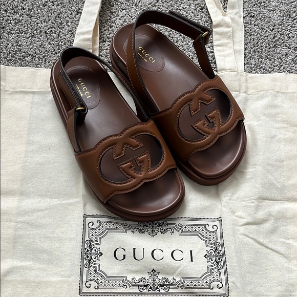 NWT Gucci Interlocking G Brown Leather Platform Sandals - Picture 5 of 14